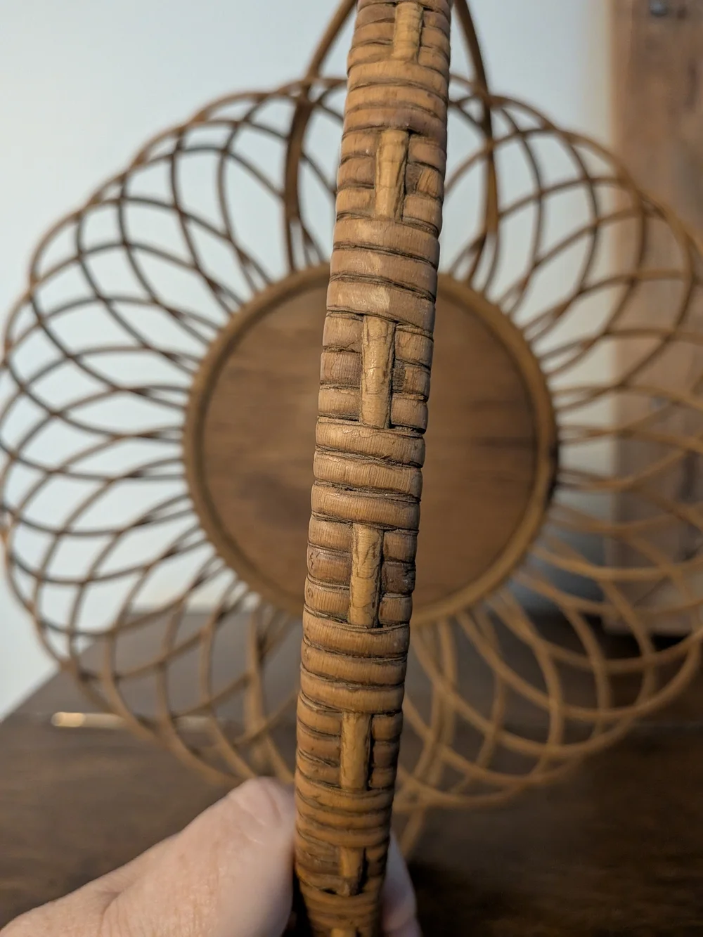 Hand Painted Wicker Rattan Basket Handled Wooden Base Folk Art